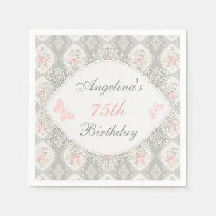 Antique Pink Roses Butterflies Damask Ivory Taupe Napkin