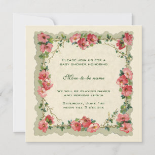 Antique Pink Roses Flowers Floral Baby Shower Invitation