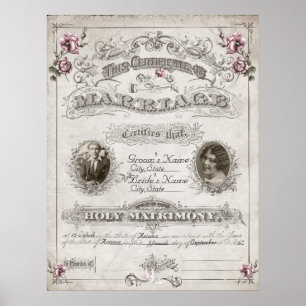Antique Pink Roses Vintage Marriage Certificate Poster