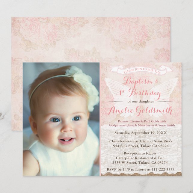 Antique Pink Vintage Angel Baptism 1st Birthday Invitation (Front/Back)