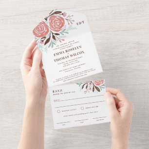 Antique Pink Watercolor Roses Wedding All In One Invitation