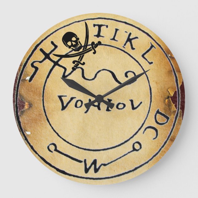 ANTIQUE  PIRATES TREASURE MAP ,SKULL AND SWORDS LARGE CLOCK (Front)