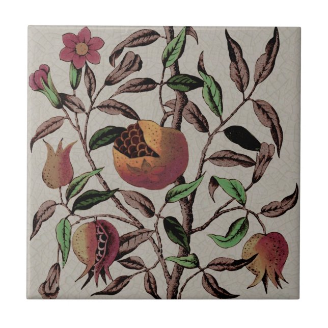 Antique Polychrome Pomegranate Tree Reproduction Ceramic Tile (Front)