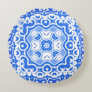 Antique portuguese azulejo ceramic. Vintage seamle Round Cushion