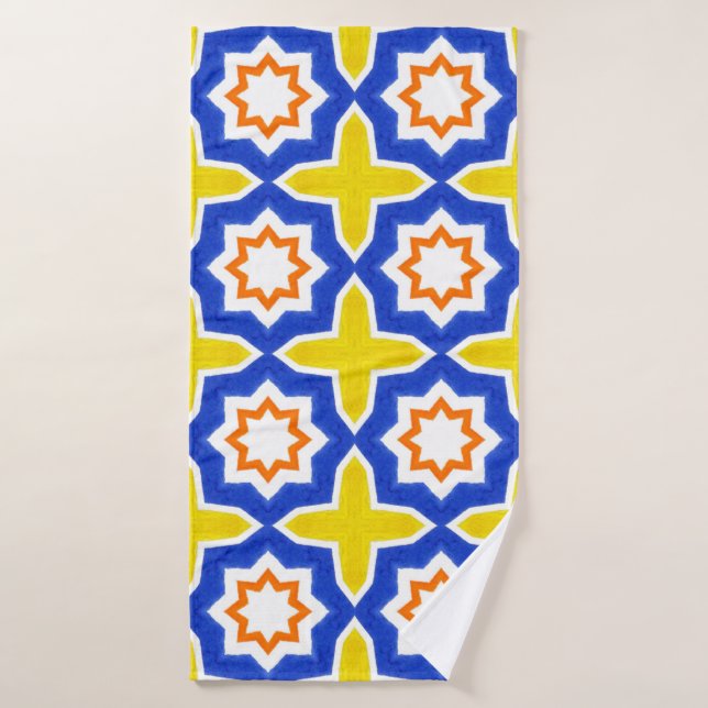 Antique portuguese tiles. Blue and yellow Azulejos Bath Towel (Bath Towel)