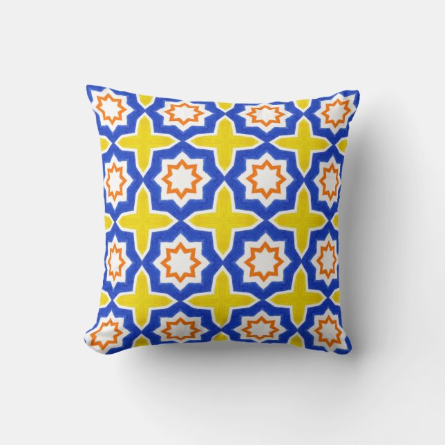Antique portuguese tiles. Blue and yellow Azulejos Cushion (Front)
