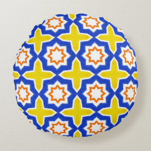 Antique portuguese tiles. Blue and yellow Azulejos Round Cushion