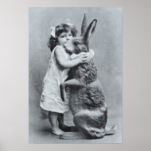 Antique Post Card Victorian Girl Easter Bunny Poster