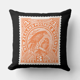 Antique Postage Stamp New Zealand Birds Orange Cushion