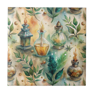 Antique Potion Bottles Green Amber Botanical Ceramic Tile