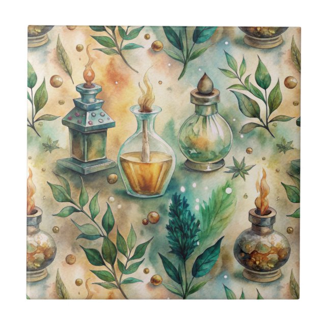 Antique Potion Bottles Green Amber Botanical Ceramic Tile (Front)