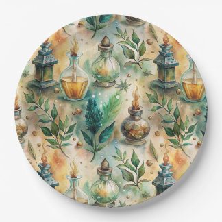Antique Potion Bottles Green Amber Botanical Paper Plate
