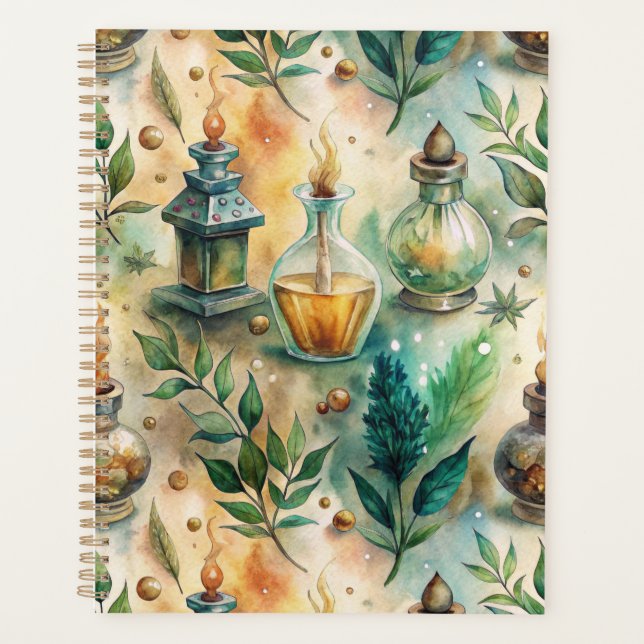 Antique Potion Bottles Green Amber Botanical Planner (Front)