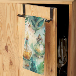 Antique Potion Bottles Green Amber Botanical Tea Towel