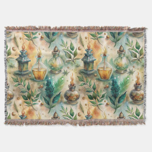 Antique Potion Bottles Green Amber Botanical Throw Blanket
