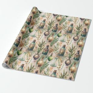 Antique Potion Bottles Green Amber Botanical Wrapping Paper