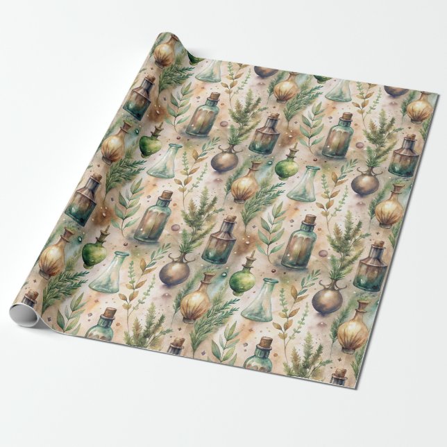 Antique Potion Bottles Green Amber Botanical Wrapping Paper (Unrolled)