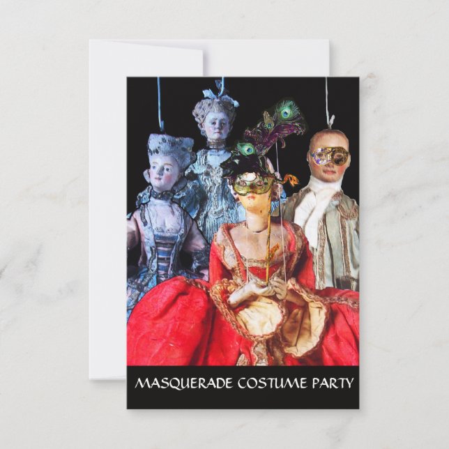 ANTIQUE  PUPPETS MASQUERADE COSTUME PARTY RSVP INVITATION (Front)