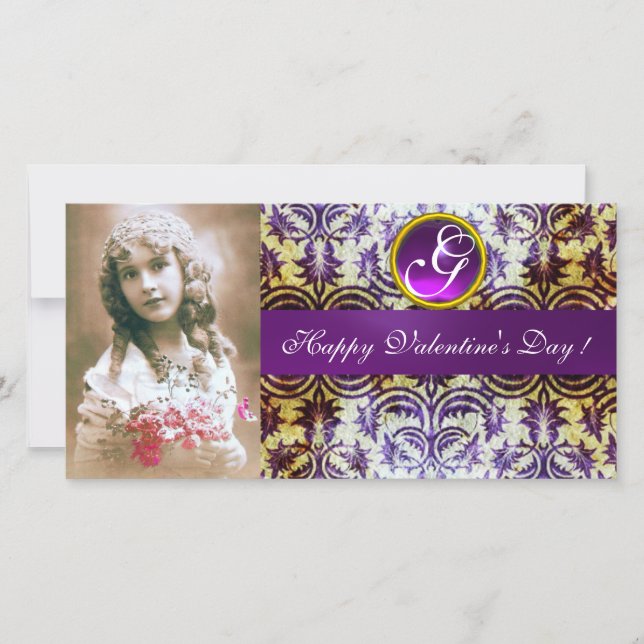 ANTIQUE PURPLE DAMASK Amethyst Monogram Holiday Card (Front)