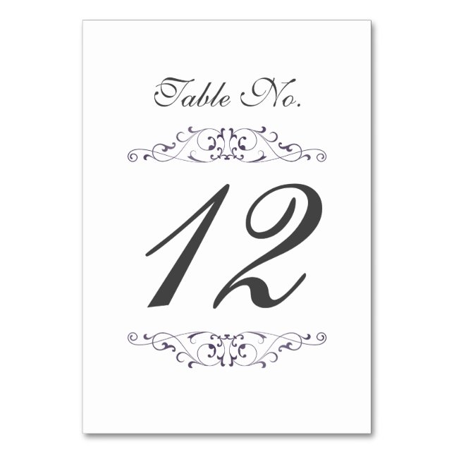 Antique Purple Flourish Wedding Table Number Card (Front)