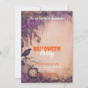 Antique Purple Flowers Black Bird Halloween Party Invitation