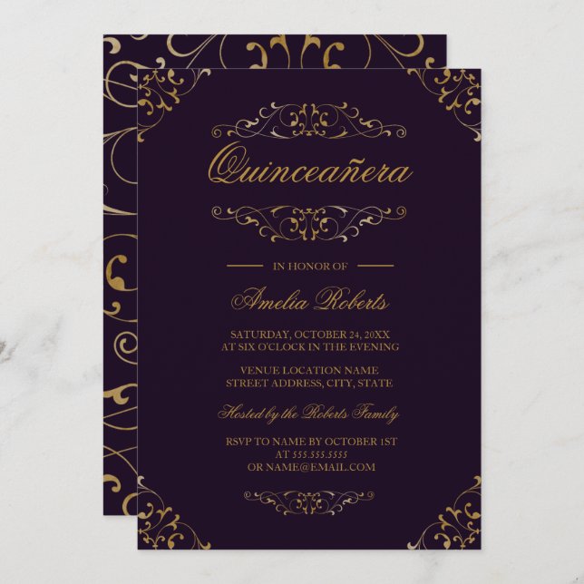 Antique Purple Gold Flourish Quinceanera Invite (Front/Back)