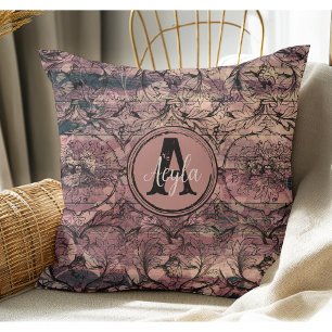 Antique Purple Wood & Black Floral Rustic Monogram Cushion