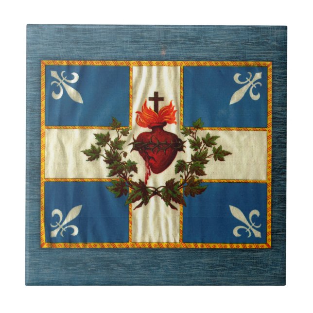 Antique Quebec Flag Sacred Heart Carillon Ceramic Tile (Front)