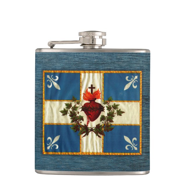 Antique Quebec Flag Sacred Heart Carillon Hip Flask (Front)