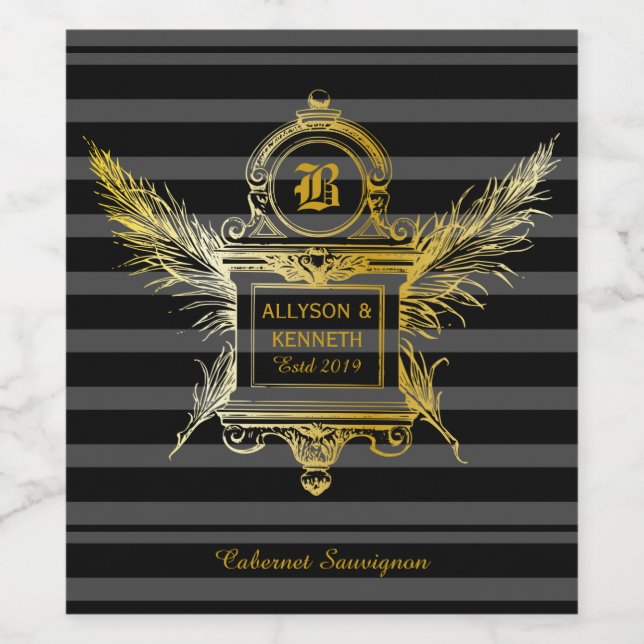 Antique Quill Feathers Classic Gold Frame Monogram Wine Label (Single Label)