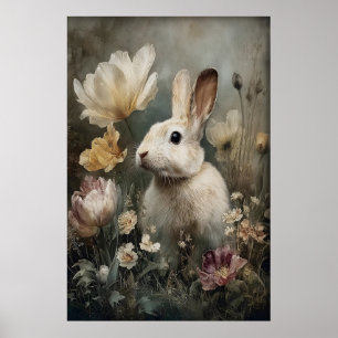 Antique Rabbit Bunny Flower Print, Easter Poster
