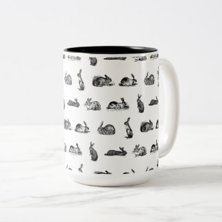 Antique Rabbits Vintage Bunny Art CUSTOM BG COLOR Two-Tone Coffee Mug