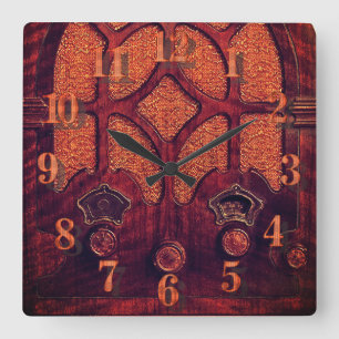 Antique radio wood elegant art deco cathedral  square wall clock