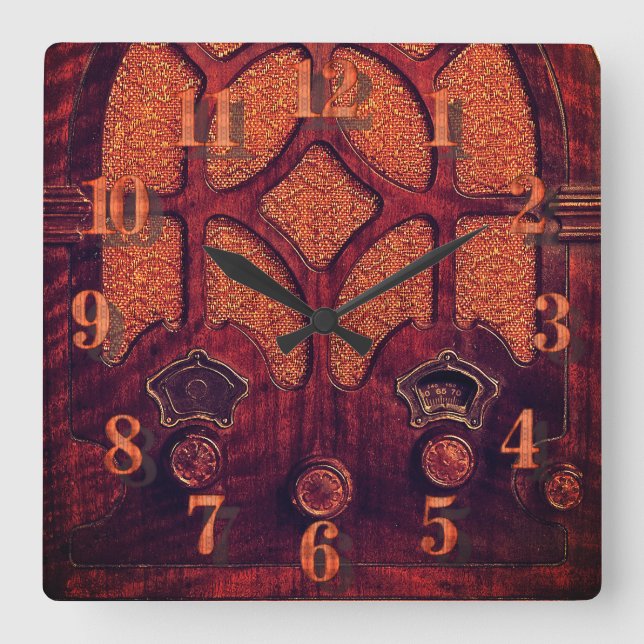 Antique radio wood elegant art deco cathedral  square wall clock (Front)