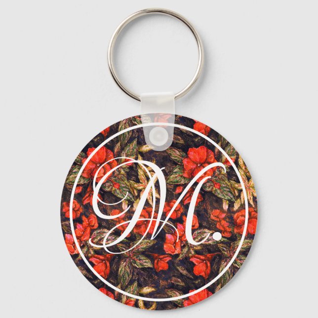 Antique Red Balsam Flowers & Monogram Key Ring (Front)