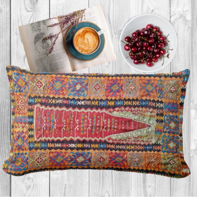 Antique Red, Blue and Orange Turkish Prayer Kilim Lumbar Cushion (Creator Uploaded)