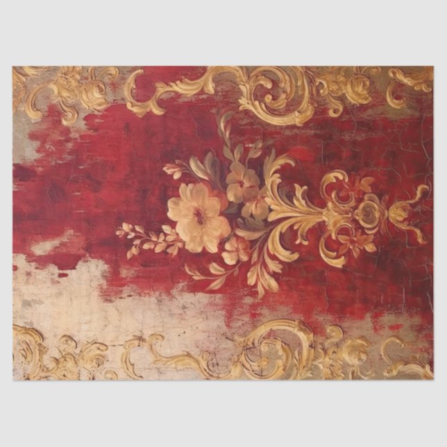 Antique red burgundy and faux gold floral ornament tissue paper (Front)