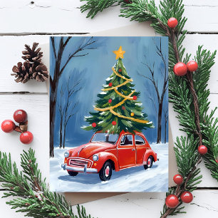 Antique Red Car Christmas Tree Holiday Postcard