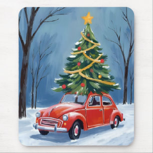 Antique Red Car Christmas Tree Mouse Pad