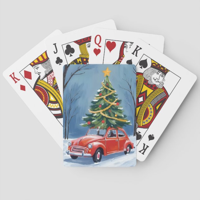 Antique Red Car Christmas Tree Playing Cards (Back)