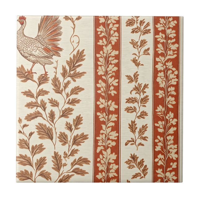 Antique Red Farmhouse Hen Botanical Pattern Ceramic Tile (Front)