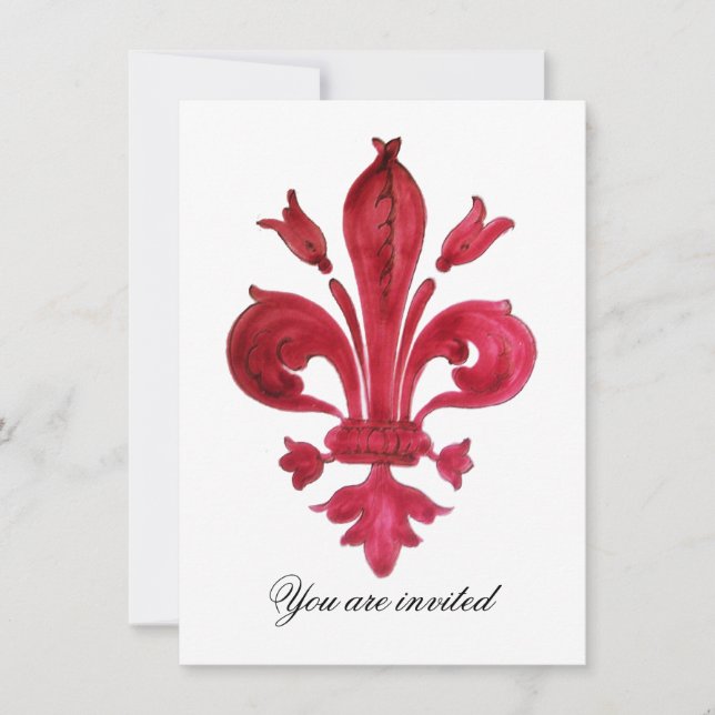 ANTIQUE RED FLEUR DE LIS Damask Gem Monogram Invitation (Front)