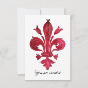 ANTIQUE RED FLEUR DE LIS Damask Gem Monogram Invitation