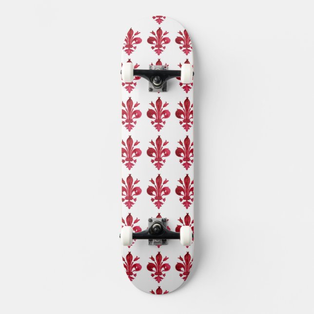 ANTIQUE RED FLEUR DE LIS IN WHITE Floral Pattern Skateboard (Front)