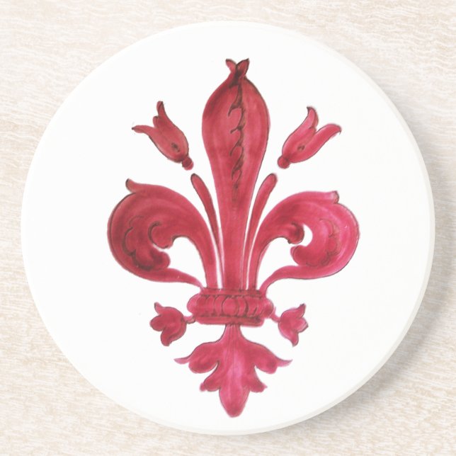 ANTIQUE RED FLEUR DE LIS IN WHITE Heraldic Floral  Coaster (Front)