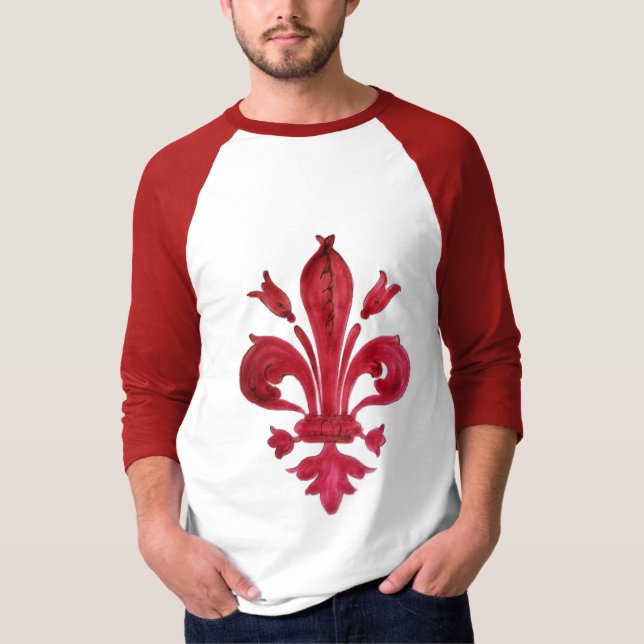 ANTIQUE RED FLEUR DE LIS IN WHITE Heraldic Floral  T-Shirt (Front)