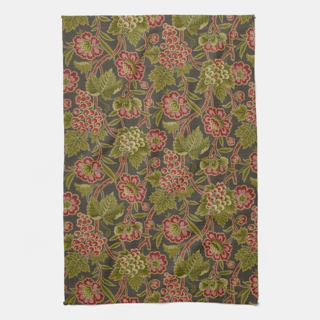 Antique Red Floral and Grapes Botanical Pattern Tea Towel (Vertical)
