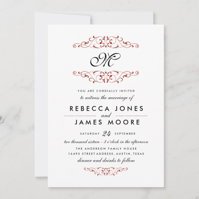 Antique Red Flourish Monogram Wedding Invitation (Front)