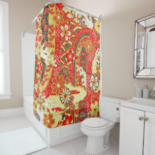 Antique Red Gold Japanese Kimono Floral Flower Shower Curtain