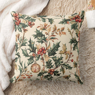 Antique Red Green Holly Bronze Ornament Winter Cushion